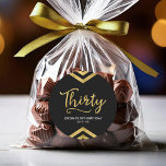 Modern Faux Gold Chevron Geometric 30th Birthday Classic Round Sticker<br><div class="desc">This chic round sticker features an elegant geometric chevron and the word "Thirty" in faux gold against a black background. It's great for a 30th birthday celebration. Check out matching invitations and items here http://www.zazzle.com/collections/modern_faux_gold_chevron_celebration_collection-119531050277382712?rf=238364477188679314 Personalise it with your details by replacing the placeholder text. For more options click the "Customise...</div>