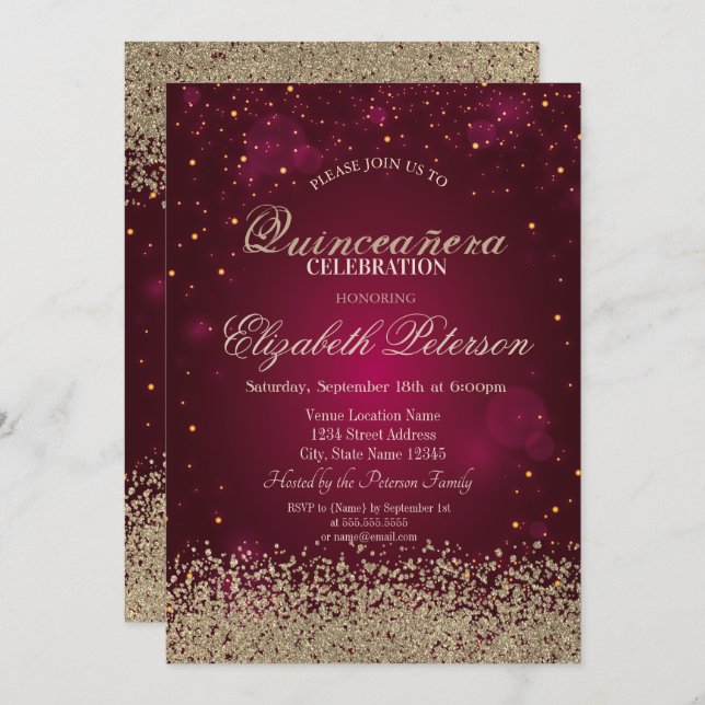 Modern Faux Gold Diamonds Confetti Red Quinceañera Invitation (Front/Back)