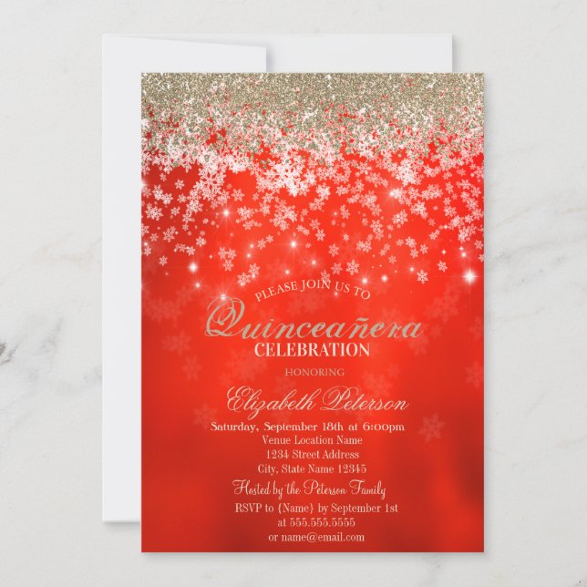 Modern Faux Gold Diamonds Snowflakes Red Invitation (Front)