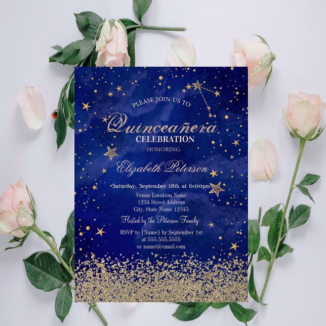 Modern Faux Gold Diamonds Stars Blue Quinceañera Invitation (Creator Uploaded)