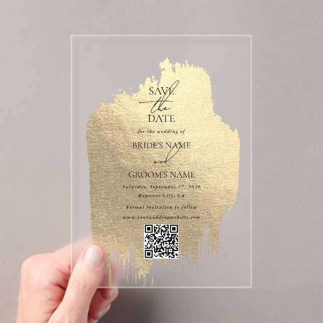 Modern Faux Gold Foil Clear Wedding Save the Dates Acrylic Invitations (Insitu (Handheld))