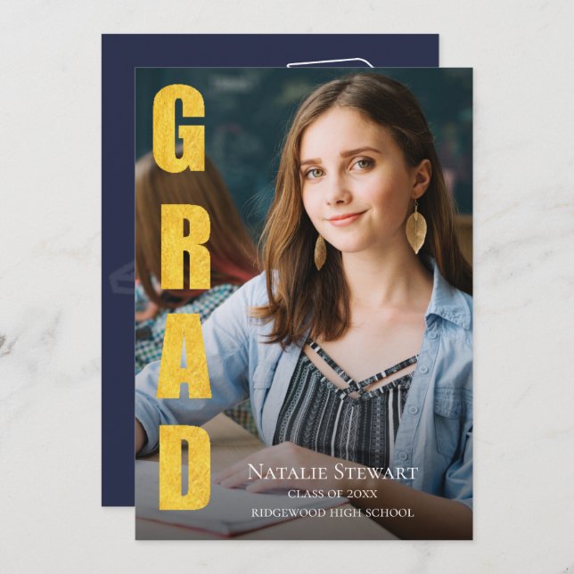 Modern Faux Gold Foil GRAD Photo Graduation Invitation (Front/Back)