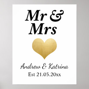 Modern Faux Gold Foil Heart Wedding   Mr & Mrs Poster
