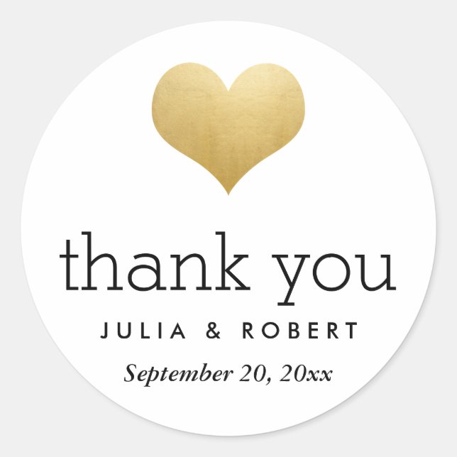 Modern Faux Gold Foil Heart Wedding Thank You Classic Round Sticker (Front)