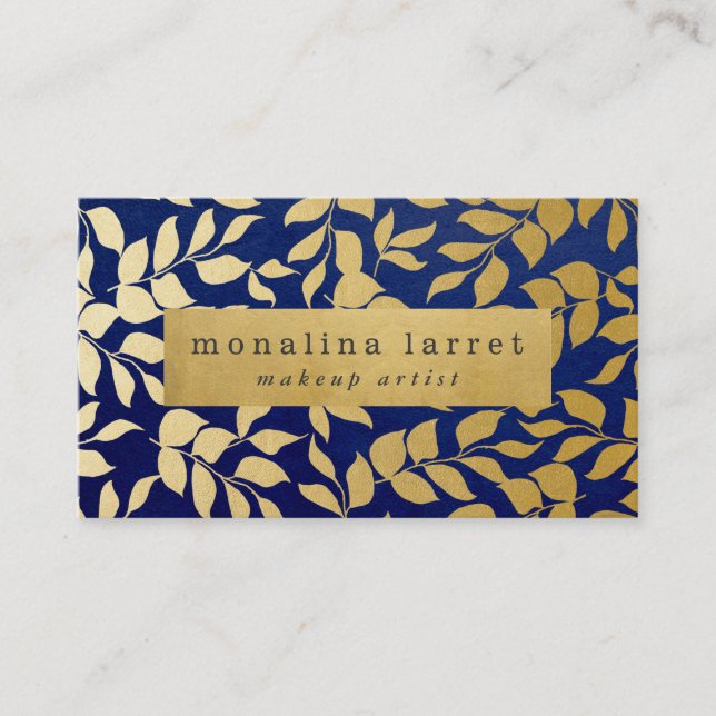 Modern Faux Gold Foil Leaves Pattern Navy Blue Business Card (Front)