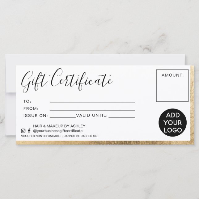 Modern faux gold foil simple gift certificate logo (Front)