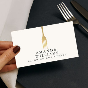 Modern Faux Gold Fork Catering Logo Ivory Business Card