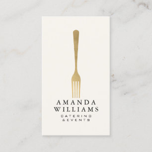 Modern Faux Gold Fork Catering Logo Ivory Vertical Business Card