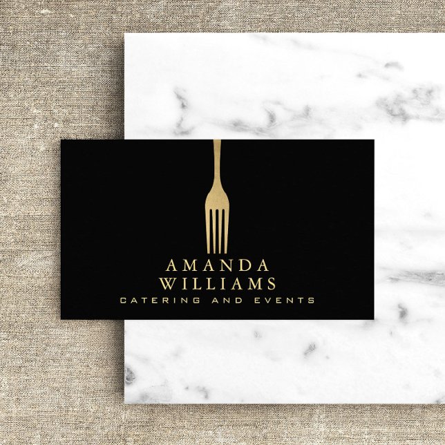 Modern Faux Gold Fork Catering Logo on Black Business Card (Creator Uploaded)