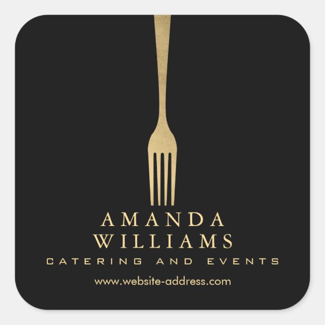 Modern Faux Gold Fork Catering Logo on Black Square Sticker (Front)