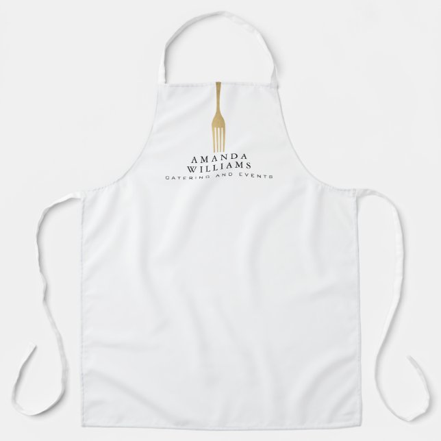 Modern Faux Gold Fork Catering Logo on White Apron (Front)