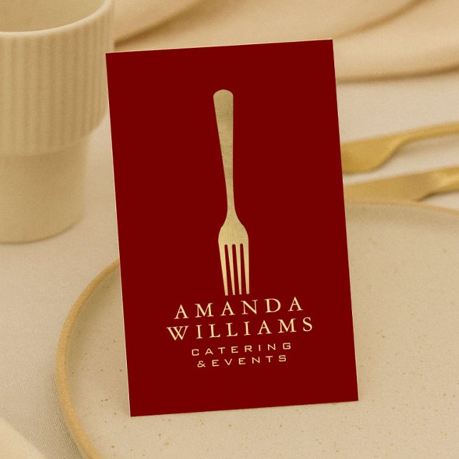 Modern Faux Gold Fork Catering Logo Red Vertical Business Card (Creator Uploaded)
