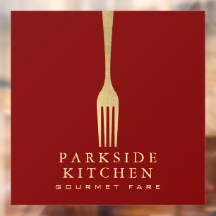 Modern Faux Gold Fork Restaurant Logo on Red