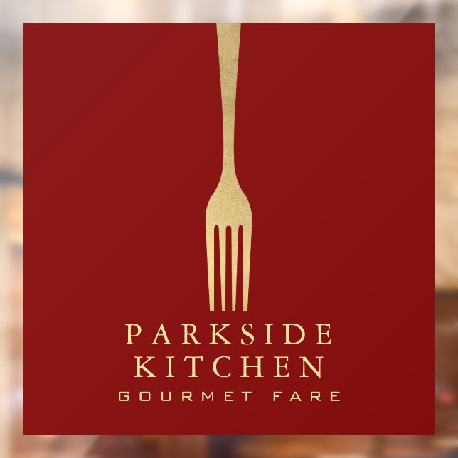 Modern Faux Gold Fork Restaurant Logo on Red (Sheet 2)