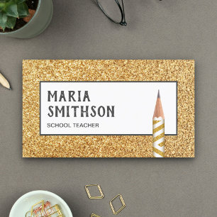 Modern Faux Gold Glitter Pencil School Teacher Business Card