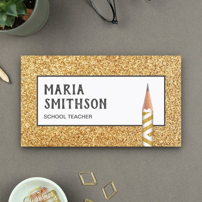 Modern Faux Gold Glitter Pencil School Teacher Business Card (Creator Uploaded)