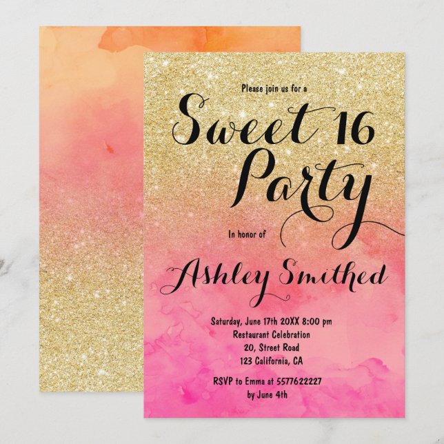 Modern faux gold glitter pink watercolor Sweet 16 Invitation (Front/Back)