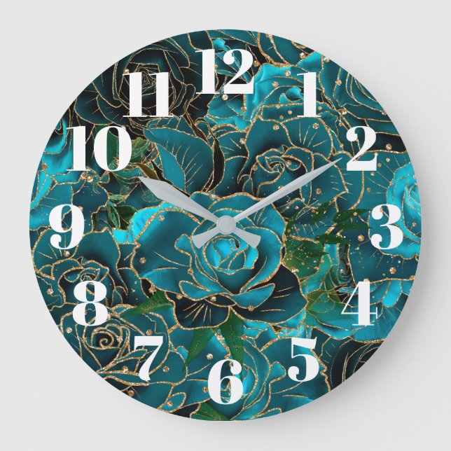 Modern Faux Gold Glitter Teal Roses Glam Large Clock (Front)