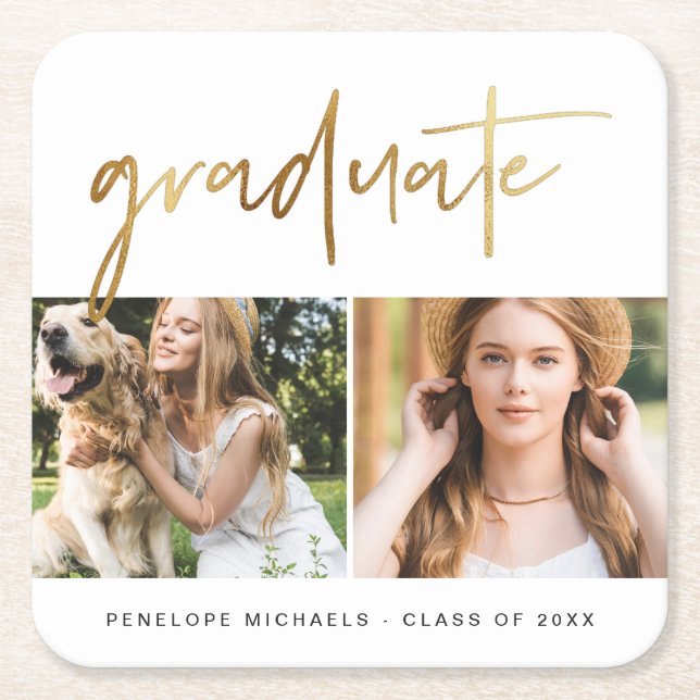 Modern Faux Gold Graduate Script Photo Grid White Square Paper Coaster (Front)