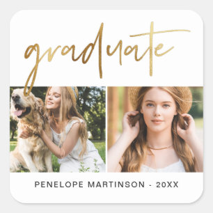 Modern Faux Gold Graduate Script Photo Grid White Square Sticker