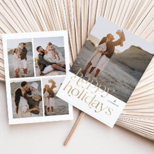 Modern Faux Gold Happy Holidays 5 Photo Holiday Card