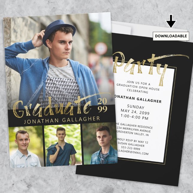 Modern Faux Gold Metallic 4 Photo Graduation Party Invitation (Creator Uploaded)