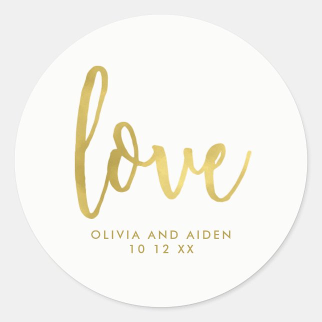 Modern Faux Gold on White Wedding Classic Round Sticker (Front)