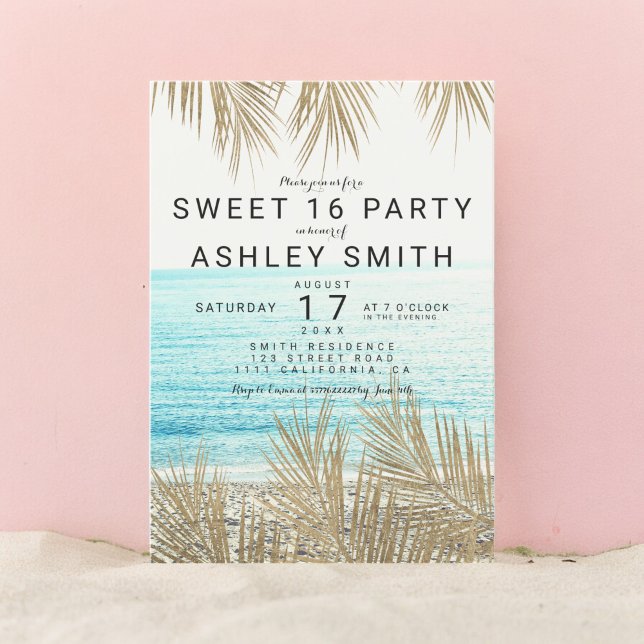 Modern faux gold palm tree beach photo Sweet 16 Invitation (Modern faux gold palm tree beach photo Sweet 16 Invitation)