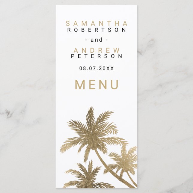 Modern faux gold palm trees elegant wedding menu (Front)