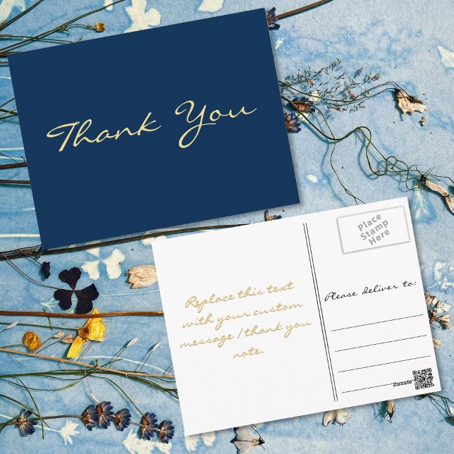 Modern Faux Gold Script Blue Graduation Thank You Postcard (Modern Faux Gold Script Blue Graduation Thank You Postcard)