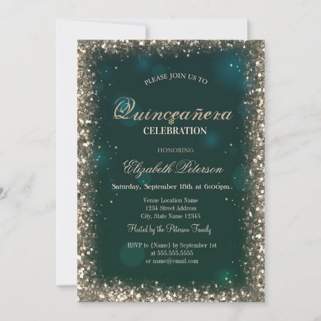 Modern Faux Gold Sequins Frame Green Quinceañera Invitation (Front)