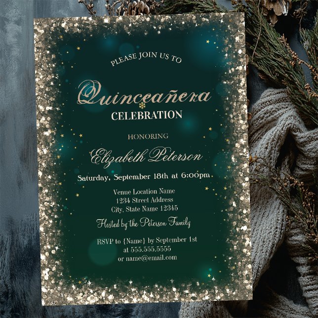 Modern Faux Gold Sequins Frame Green Quinceañera Invitation (Creator Uploaded)