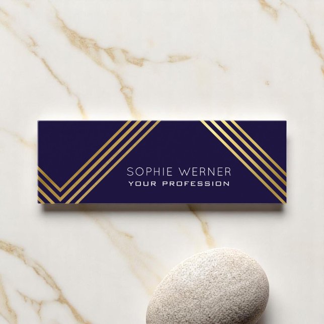 Modern faux gold stripes elegant dark blue mini business card (Creator Uploaded)