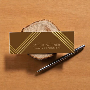 Modern faux gold stripes elegant dark brown mini business card