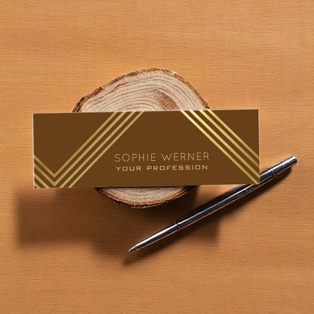 Modern faux gold stripes elegant dark brown mini business card (Creator Uploaded)