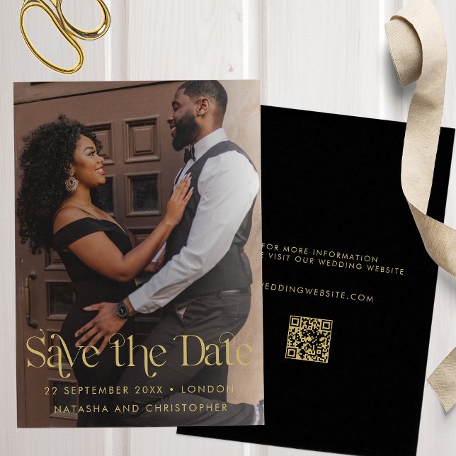 Modern Faux Gold Typography QR Code Photo  Save The Date (Creator Uploaded)