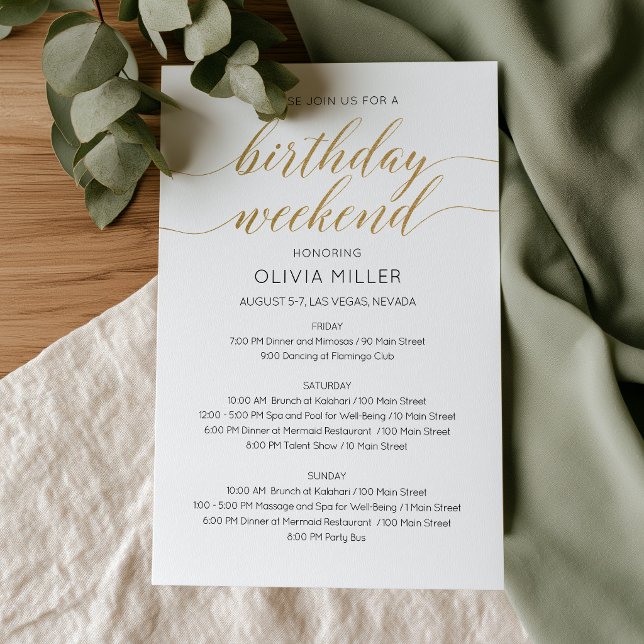 Modern Faux Gold Weekend Birthday Itinerary (Modern Faux Gold Weekend Birthday Itinerary invitation, schedule)