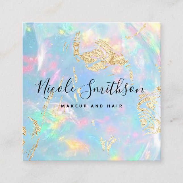 modern faux holographic opal square business card (Front)