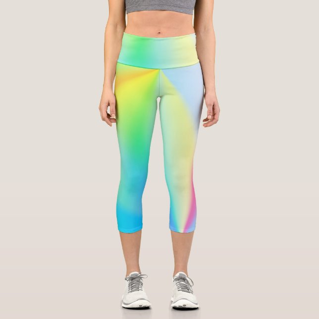 Modern faux iridescent pastel rainbow coloured capri leggings (Front)
