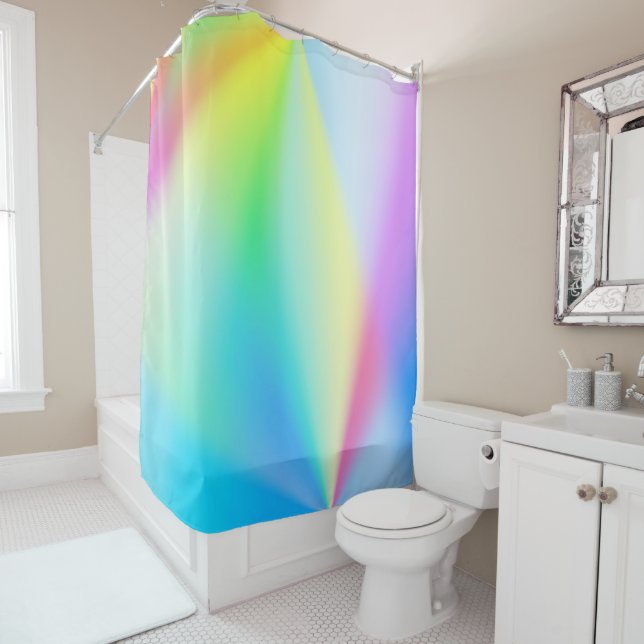Modern faux iridescent pastel rainbow colours shower curtain (In Situ)