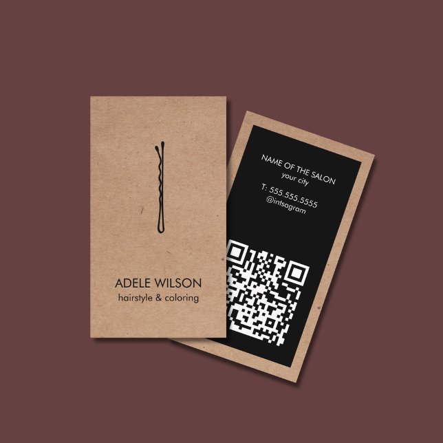 Modern Faux Kraft Black QR Code Hair Pin Salon Business Card (Creator Uploaded)
