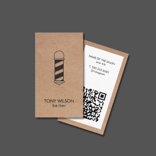 Modern Faux Kraft White QR Code Barber Pole Salon Business Card