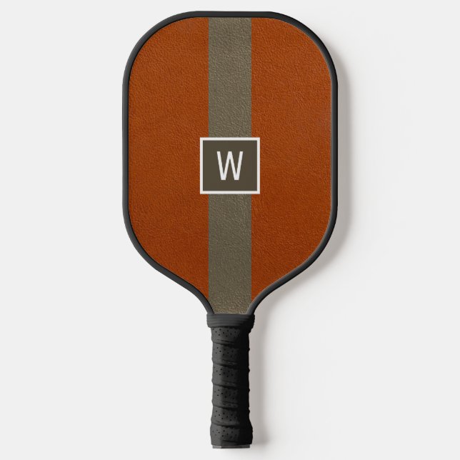 Modern Faux Leather Orange Monogram Pickleball Paddle (Front)