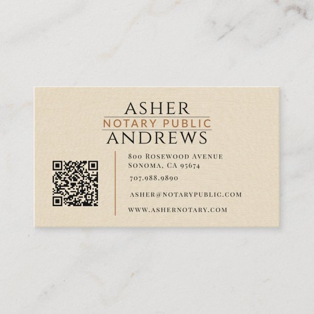 Modern Faux Linen Notary Public QR Code Business Card (Front)