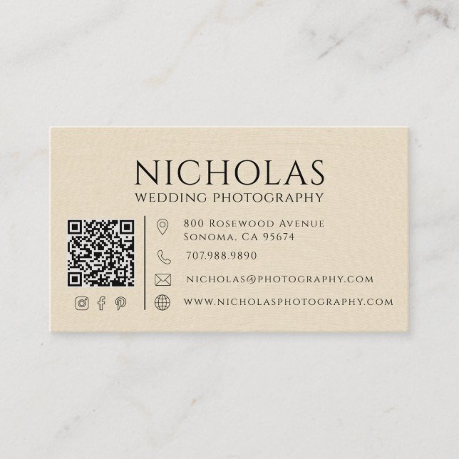Modern Faux Linen Wedding Photographer QR Code Business Card (Front)