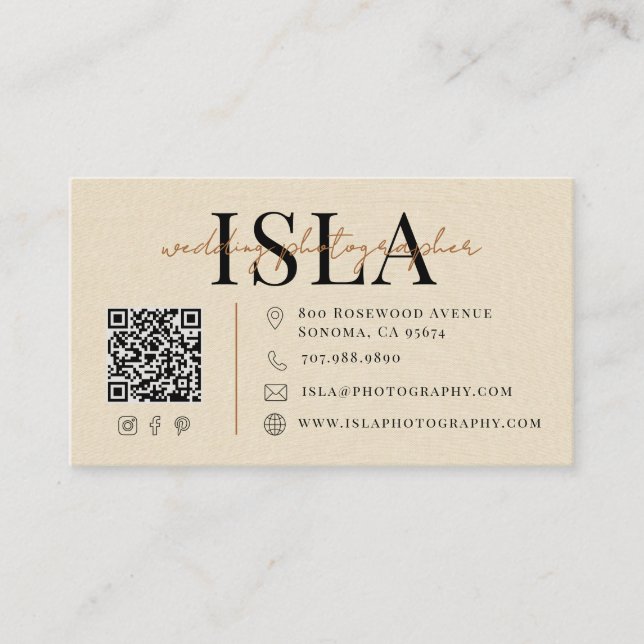 Modern Faux Linen Wedding Photographer QR Code Business Card (Front)