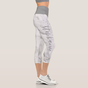 Modern faux Marble Pattern with Girly Script Name Capri Leggings