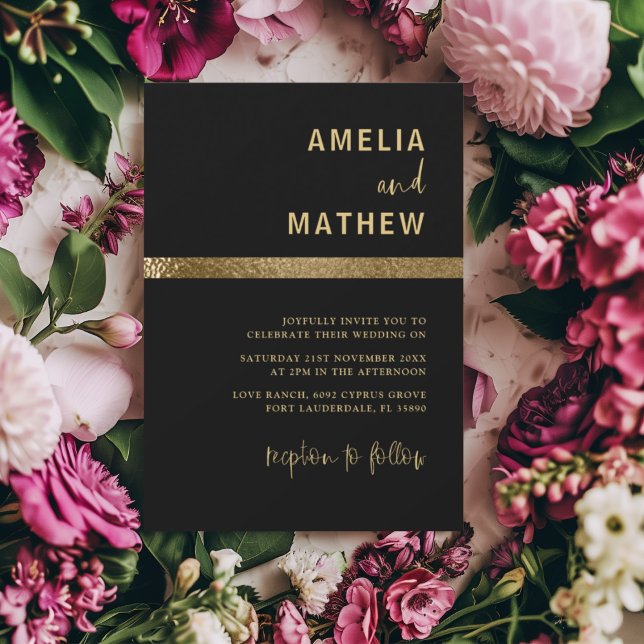 Modern Faux Metallic Gold & Black Wedding  Invitation (Creator Uploaded)