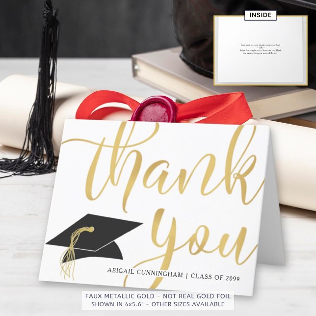 Modern Faux Metallic Gold Script Graduation Thank You Card (Creator Uploaded)
