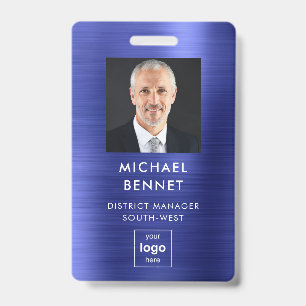 Modern Faux Navy Blue Metallic Corporate Photo ID Badge